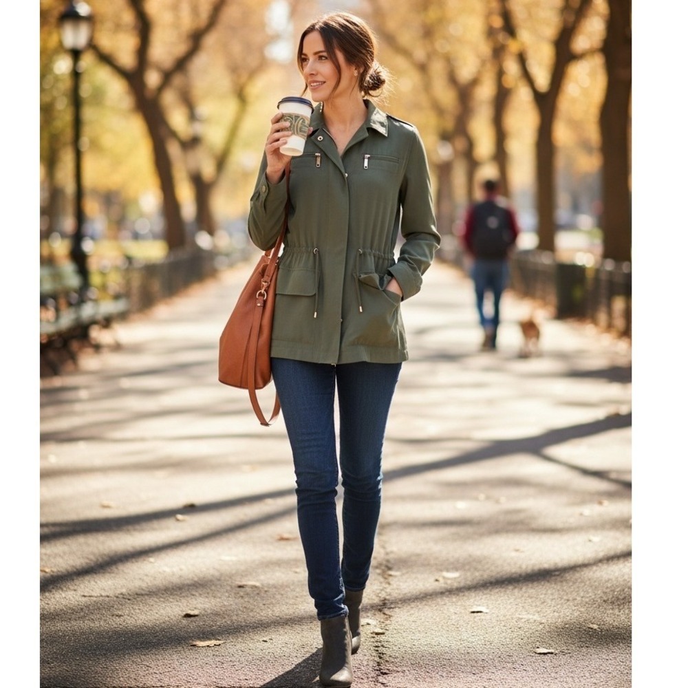 Chicos Women 1 M Olive Green Utility Field Jacket Drawstring Waist #323i